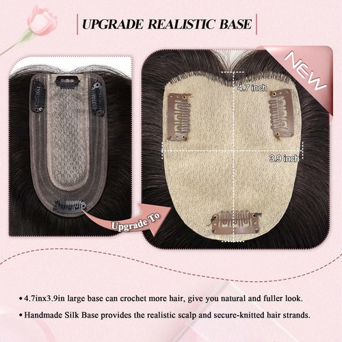 POWERASIA Hair Toppers for Women Real Human Hair Extensions with Thinning Hair No Bangs Wiglets Upgrade 3.9x4.7Inch Silk Base Clip ins Hair Pieces 150% Density Remy Hair Wig Topper #2 Dark Brown