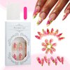 24Pcs French Tips Press on Nails for Art with Tropical Flower Design, Glossy Yellow French Medium Almond Acrylic False Nails Gel Glue on Nails Flower Full Cover Fake Nails Stick on Nails for Women