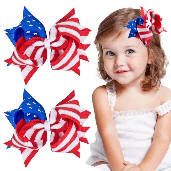 Whaline Jumbo 4th of July Bow Hair Clips 5.9inch American Flag Barrette Hair Bow Patriotic Stars and Stripes Hairgrips Baby Girls Women Hair Accessories for Independence Day Memorial Day, 2Pcs