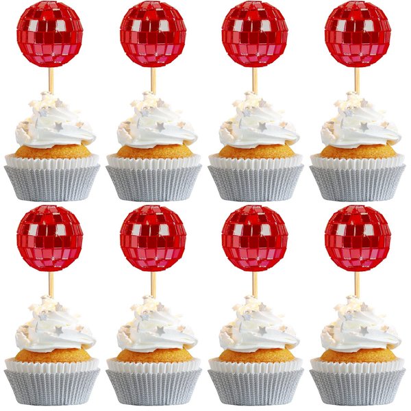 24 PCS Red Disco Ball Cupcake Toppers, Disco Ball Cupcake Picks, Mini Disco Ball Cake Toppers Disco Theme Cake Decorations for Disco Theme Party 70s Disco Party Decorations