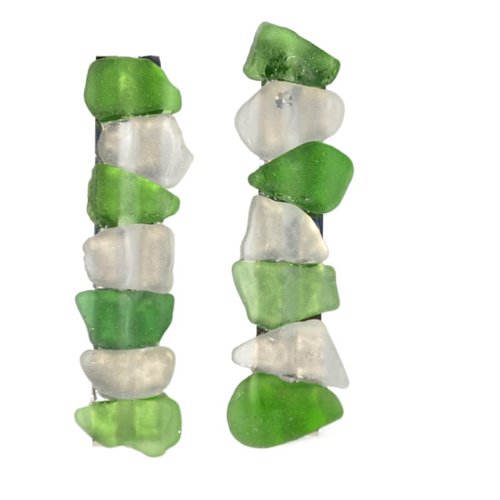 Genuine White and Green Sea Glass Hair Barrettes (set of 2)