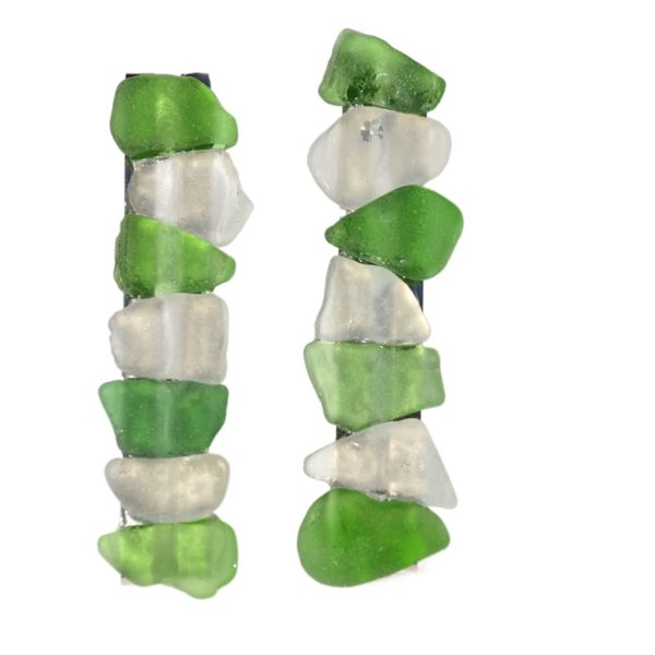 Genuine White and Green Sea Glass Hair Barrettes (set of 2)