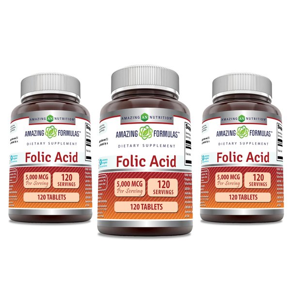 Amazing Formulas Folic Acid Supplement | 5000 Mcg | 120 Tablets | Non-GMO | Gluten Free | Made in USA (3 Pack)