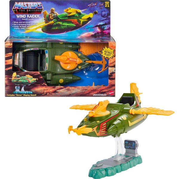 Masters of the Universe Origins Wind Raider Vehicle with Tow Hook, Retractable Cable & Display Stand for Motu Storytelling Play and Display, Gift for Kids Age 6 Years and Older