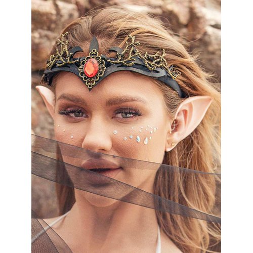 Aukmla Black Gothic Queen Crown Headband Vintage Crystal Headpiece Halloween Costume Cosplay Hair Band Headdress with Elf Ears for Women