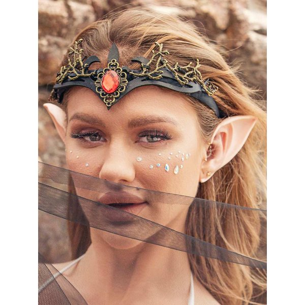 Aukmla Black Gothic Queen Crown Headband Vintage Crystal Headpiece Halloween Costume Cosplay Hair Band Headdress with Elf Ears for Women