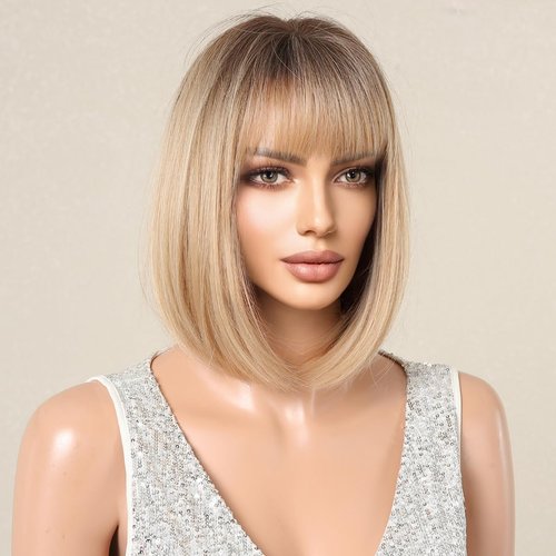 Tumhorn Short Straight Bob Wig with Bangs Highlight Layered Blonde Wigs for Women Synthetic Natural Looking Wigs