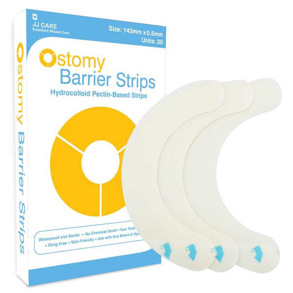 JJ CARE Ostomy Barrier Strips Pack of 20-5.62” Elastic Barrier Strips for Colostomy Bags, Latex-Free Skin Barrier Strips, Hydrocolloid Skin Barrier Strips for Stoma Bags, Waterproof & Moldable