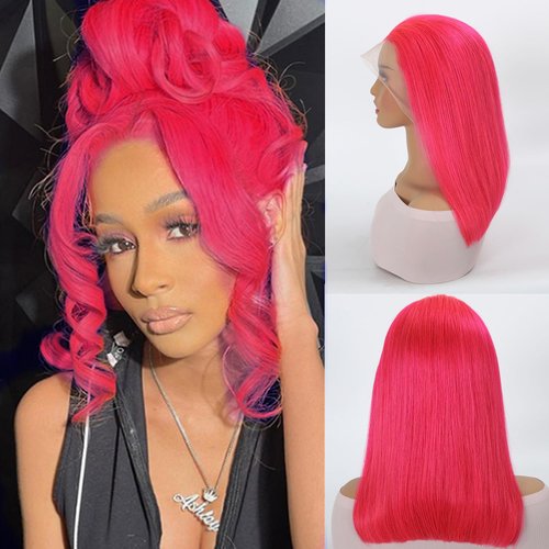 SEXAY Pink Bob Wigs 13x4 HD Lace 100% Human Hair Front Wig Brazilian Unprocessed Virgin Human Hair Pink Bob Wigs Pre Plucked Natural Hairline Transparent Lace Pink Front Bob for Women (14")