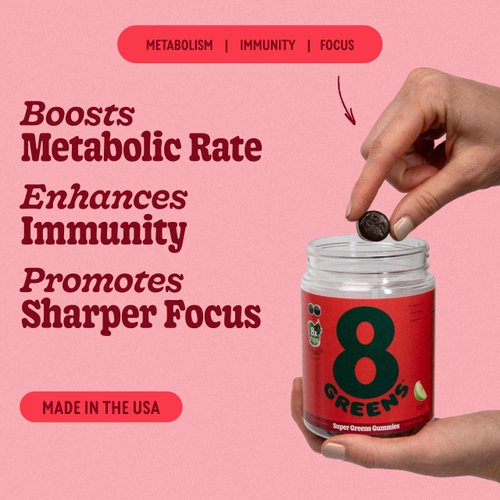 8Greens Daily Greens Gummies - Superfood Booster, Energy & Immune Support, Made with Real Greens, Greens Powder, Vitamin C, B12, Spirulina - Apple, 50 Count