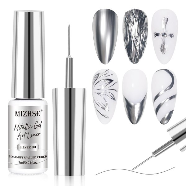 MIZHSE Metallic Silver Gel Liner Nail Art 3D Mirror Gel Paint Spider Drawing Line Polish,Glossy Painting Swirl French Nail Design Thin Brush Soak off Manicure Set for Nail Art