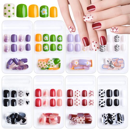 192 Pcs Short Square Press On False Nails With Design, TOROKOM Full Cover Artificial Fake Nails Short Fingernails Colorful...