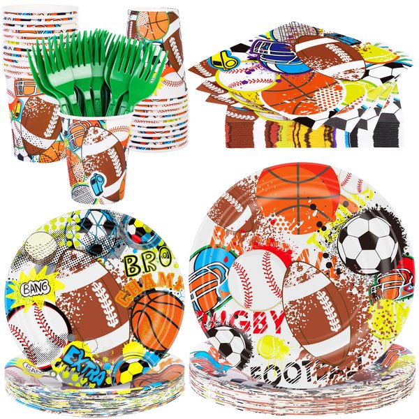 durony 144 Pieces Sports Themed Paper Plates and Napkins Dinnerware Set Sports Birthday Party Tableware Paper Plates Napkins Forks Serve 24 for Rugby Baseball Basketball Soccer Party Supplies