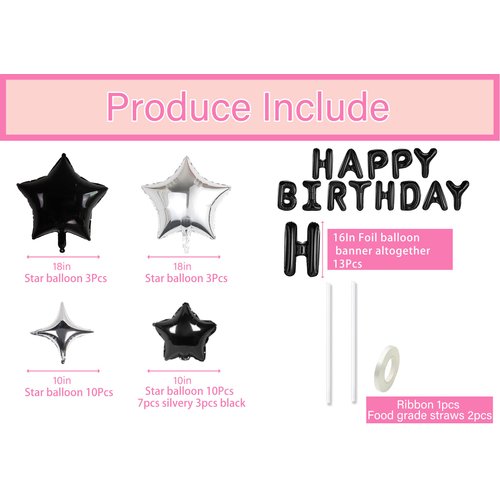 Happy Birthday Banner Balloons Mylar Foil Letter Balloons 3D Silver Star Balloon 3D Black Star Balloon Kids Boys Girl Adults Birthday Party Decorations (27Pcs)
