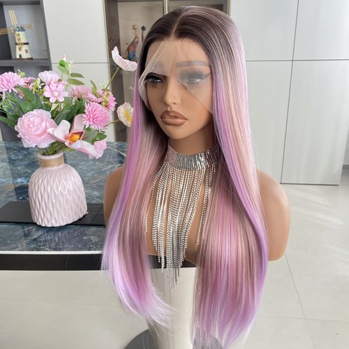 Carkira Colorful Multi Color Rainbow Wig 13x4 Pink Purple Lace Front Wigs Synthetic Cosplay Pastel Lavender Color Wigs 22Inch Long Straight Pre Plucked for Women Girls