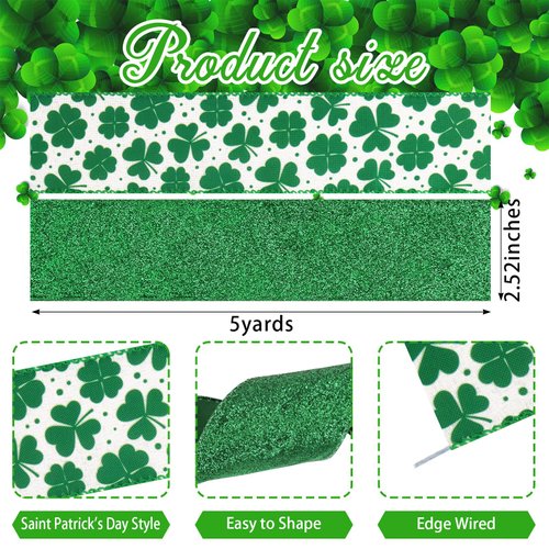 2 Rolls Saint Patricks Day Fabric Ribbons St Patricks Shamrocks Burlap Linen Ribbons Glitter Clovers Edge Wired Ribbons for Saint Patricks Day Decoration Party Crafts Gift Wrapping Supplies 5 Yards