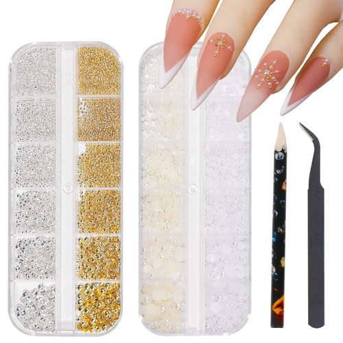 HNUIX Nail Art Charms - Metal Silver & Gold Beads, Flat back Round Rhinestones, Small Nail Pearls, 3D Mixed Sizes Decorations for Nails