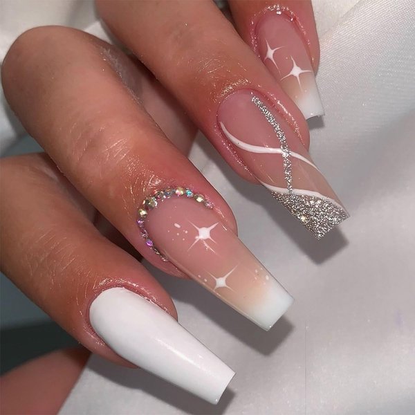 White French Press on Nails Square Long Length Fake Nail DIY Naked Glue on Nails with Rhinestones Design Nail Full Cover Glitter Line French Coffin Nails Tips for Women Acrylic Nail Decoration 24 PCS