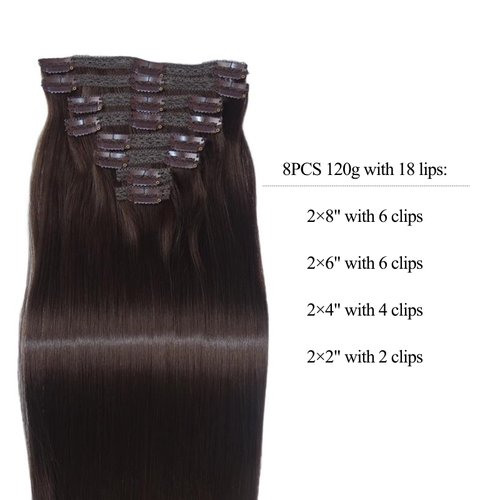 SILIERFUN Clip in Hair Extensions Real Human Hair, 18 Inch 120g 8pcs, Dark Brown Hair Extensions, Clip In Real Hair Coloured Remy Human Hair Extensions, Natural Human Hair