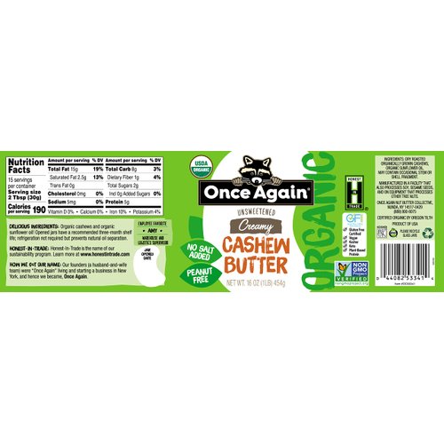 Once Again Organic Creamy Cashew Butter, 16oz - Unsweetened - USDA Organic, Gluten free Certified, Vegan, Kosher, Peanut Free - Glass Jar… (1 Jar)