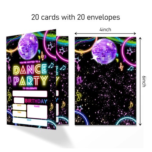 ANYEMW 4x6 Dance Party Birthday Invitations, Disco Birthday Party Decorations, Glow Party Supplies, Neon Glow Birthday Party Invitations, Kids Birthday Invitations, 20 Cards with 20 Envelopes.(37)