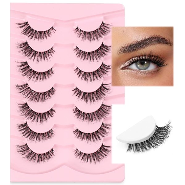 Natural Lashes False Eyelashes 14mm Wispy Cat Eye Lashes Wispy Eyelashes with Thin Memory Band Volume Lashes Soft Strip Lashes Pack C Curl Natural Eyelashes Fake Lashes 7 Pair EVENTILL