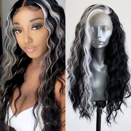 RONGDUOYI Black Curly Wig with Highlights Synthetic Lace Front Wigs for Women Natural Hairline Black Mix White Long Wave Wig Daily Use Synthetic Hair Wig Cosplay