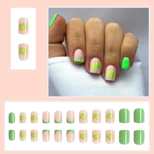 24 Pcs St. Patrick's Day Green Press on Nails Short Square RIICFDD French Fake Nails Glossy Light Green Full Cover False Nails with Cute Shamrock Designs Acrylic Nails for Women Nail Manicure