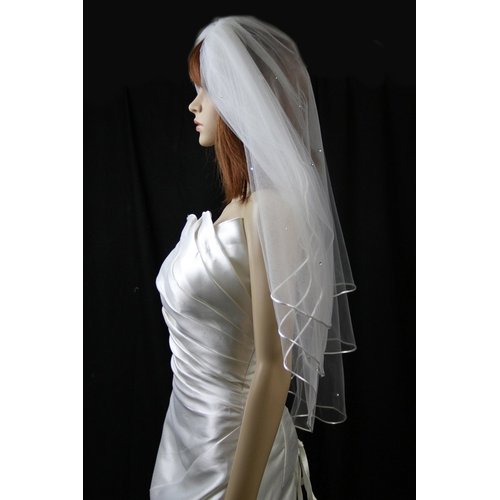 Bridal Veil Ivory 3 Tiers Fingertip Length Satin Cord Edge Scattered Rhinestones