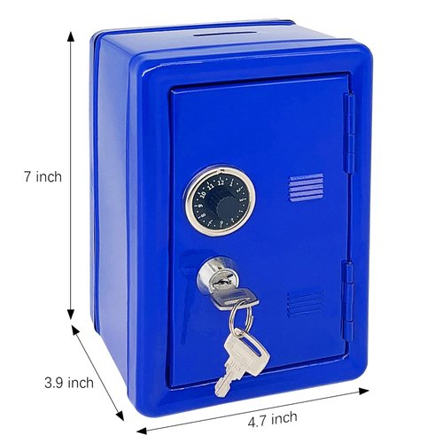 Kid Safe Piggy Bank, Metal Safe with Key, Money Saving Box for Children, Boys Girls Best Gift (Blue- Rectangular)