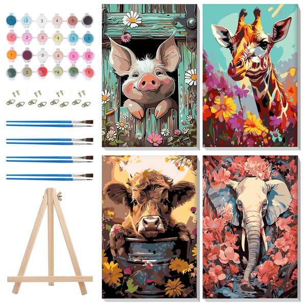 MISCER 4 Pack Animals Paint by Numbers for Adults Beginner, Paint by Number Kits with Easel, DIY Acrylic Oil Painting Suitable for Home Decoration (8 * 12 Inch)