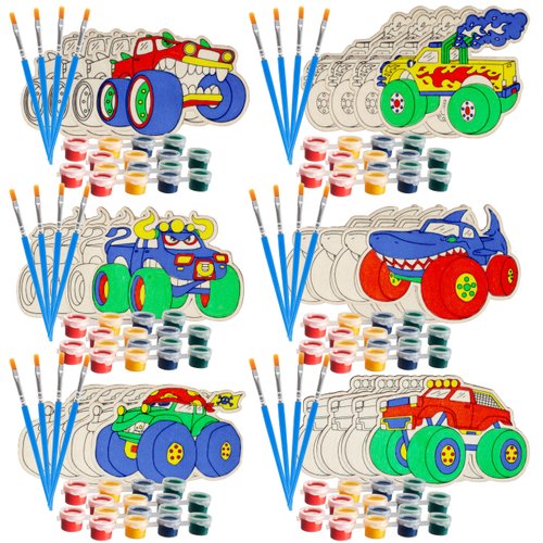 Monster Trucks Wood Painting Kits (24ct) - Perfect Goodie Bag Party Favors for Kids Birthday Party - Each has a Wood Craft, Paints, Brush & Sticker for Boys & Girls - Kids Multi-Item Party Favor Packs