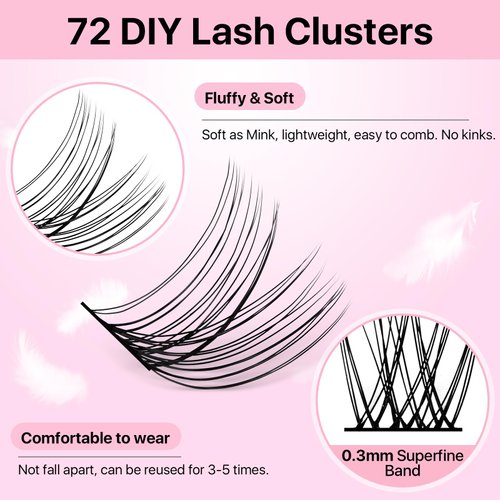Miuffue Cluster Lashes Wispy 72 Pcs Individual Lashes Cluster DIY Eyelash Extensions Clusters Mink False Eyelashes Super Thin Band Eyelash Clusters (Diamond, C-8-16mix)