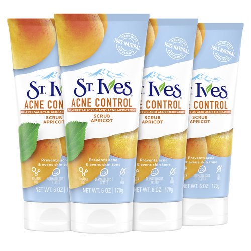 St. Ives Acne Control Apricot Face Scrub, Deep Exfoliator Skin Care, Prevents Acne for Radiant Skin, Salicylic Acid Acne Treatment Facial Scrub, Made with 100% Natural Exfoliants, 6 oz, 4 Pack