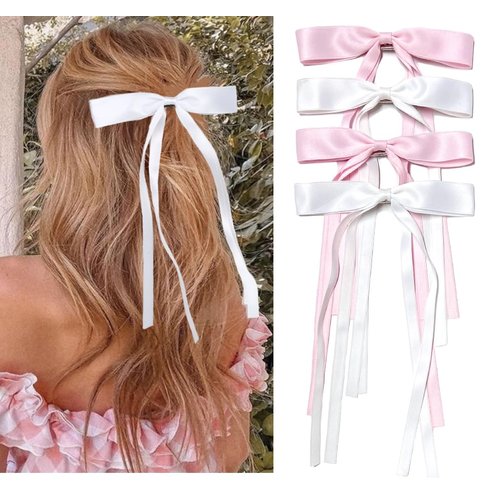 Hair Bows for Women Pink Coquette Bow Girls Hair Clips Cute Hair Accessories for Women Short Hair, Hair Ribbons BowKnot Barrettes, Ribbon Bows for Hair White Hair Bow Clips 4PCS