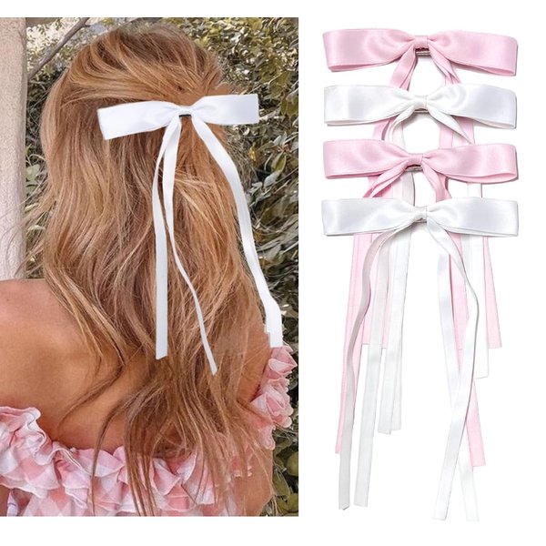 Hair Bows for Women Pink Coquette Bow Girls Hair Clips Cute Hair Accessories for Women Short Hair, Hair Ribbons BowKnot Barrettes, Ribbon Bows for Hair White Hair Bow Clips 4PCS