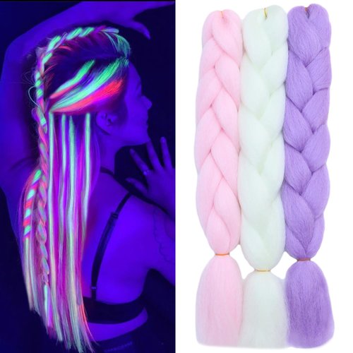 Orgwigs Colorful Kanekalon Braiding Hair Colored Jumbo Braiding Hair Extensions for Braiding 24inch 3pcs Muticolored Synthetic Braiding Hair Glow in the Dark Kanekalon Braid Hair(White/Pink/Purple)