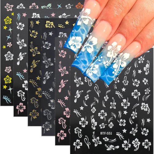 6 Sheets Flower Nail Stickers 3D Self-Adhesive Hibiscus Nail Art Stickers White Pink Gold Spring Floral Nail Supplies Summer Hibiscus Flower Nail Decals for Women DIY Acrylic Nail Manicure Decoration