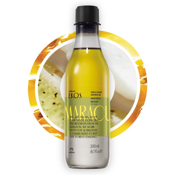 Natura - Ekos Maracujá Triple Phase Shower Oil - Calming In-Shower or Bath Body Oil - Scented - Bath Oil - Skin Moisturizer - Vegan Skin Care - Brazilian Beauty Secrets - Self Care - 6.7 fl oz (200ml)