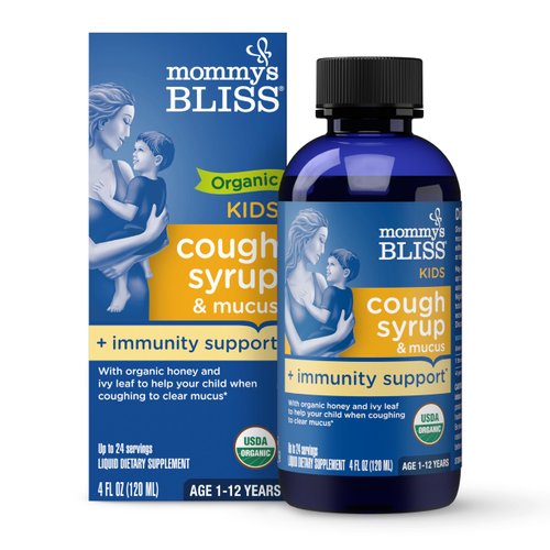 Mommy's Bliss Organic Kids Cough Syrup and Mucus Relief + Immunity Support, Agave & Honey, Ivy Leaf, Elderberry, Zinc, Vitamin C, 4 Fl Oz