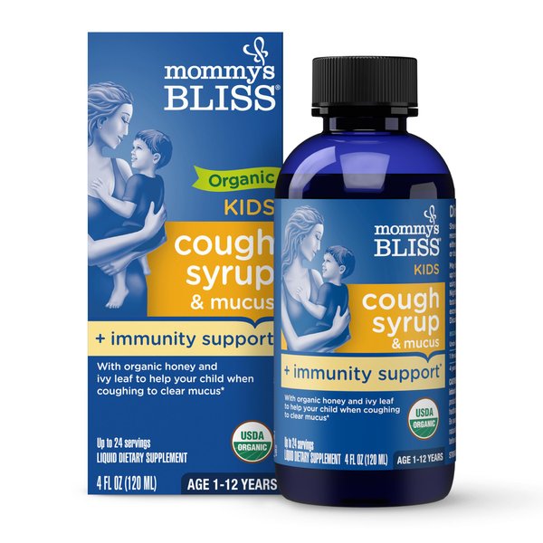 Mommy's Bliss Organic Kids Cough Syrup and Mucus Relief + Immunity Support, Agave & Honey, Ivy Leaf, Elderberry, Zinc, Vitamin C, 4 Fl Oz