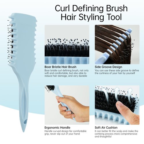 Curl Defining Brush, Curly Hair Brush with Boar Bristle and Side Groove Design, Curl Define Styling Brush for Curly Hair, Shaping and Defining Curls for Women Men to Reduce Pulling and Curl Separation