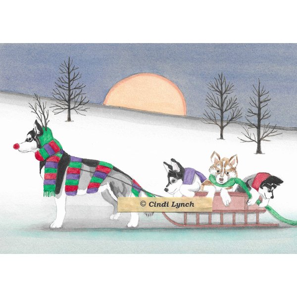 12 Christmas Cards: Siberian husky family takes holiday sled ride/Lynch folk art