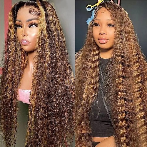 Highlight Lace Front Wig Human Hair 4/27 Highlight Ombre 13x6 Water Wave Lace Front Wigs for Black Women 180% Density Honey Blonde Wet Wavy Deep Curly Frontal Wig Pre Plucked with Baby Hair 28 Inch