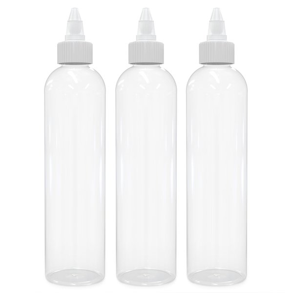 BRIGHTFROM Twist Top Applicator Bottles, 8 OZ Crystal Clear, Squeeze Empty Plastic Bottles, BPA-Free, PET, Refillable, Open/Close Nozzle - Multi Purpose (Pack of 3)