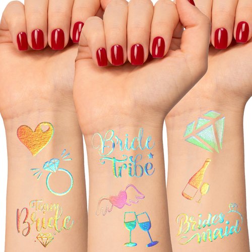 CORRURE Bachelorette Tattoos - 36pcs Iridescent Temporary Metallic Tattoo Stickers for Bridesmaids and Bride Tribe - Bachelorette Party Decorations, Bridal Party Favors, Games and Women Accessories