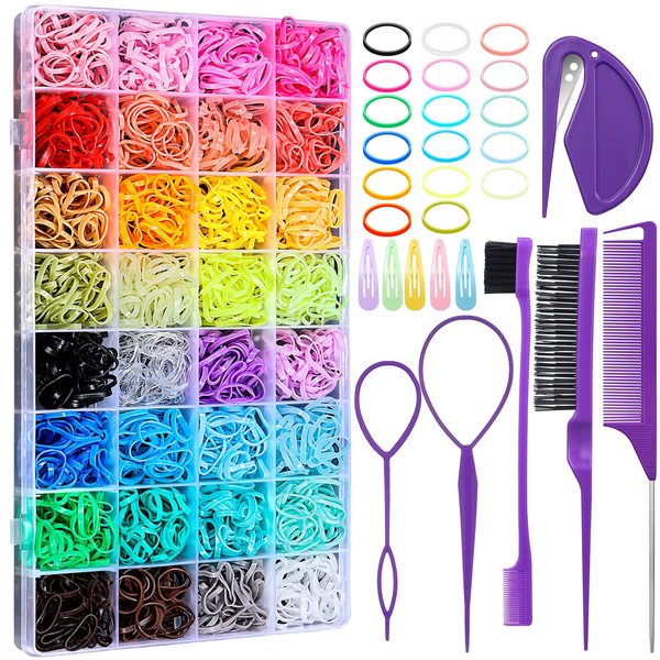 32 Colors Small Hair Rubber Bands with 16 Hair Styling Tools, 2000 Pcs Elastic Girl Baby Hair Ties Mini Hair Bands with Hair Elastic Cutter Hair Accessories Xmas Gifts for Girls Baby Toddlers Kids
