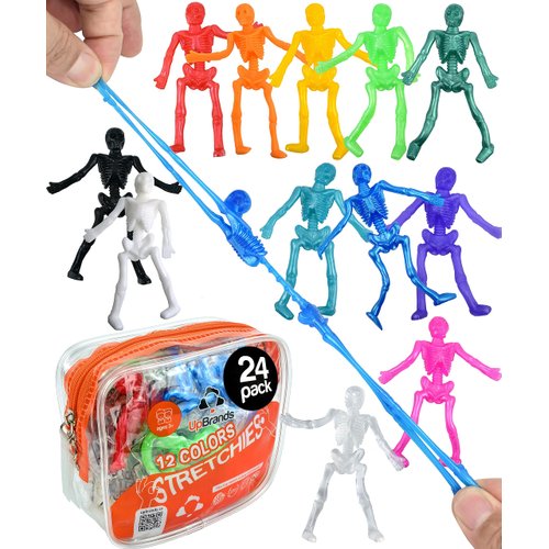 UpBrands Halloween Party Favors for Kids Stretchy Skeleton Bulk Set, 12 Glitter Colors, Kit for Birthday's, Goodie Bags, Easter Egg Basket, Pinata Filler, Small Toys Classroom Prizes (24 Pack)