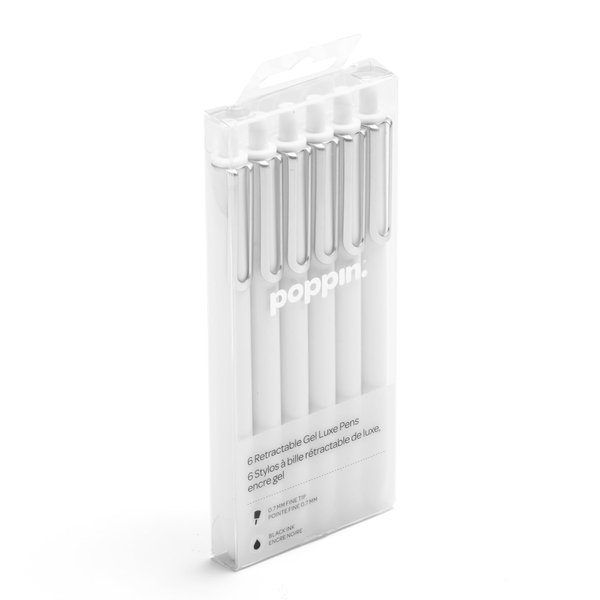 Poppin Retractable Gel Pens - Fine Point Pens for Journaling, 0.7mm Tip, Smooth Writing Gel Ink Pens with Metal Clip, Stylish Retractable Pens, 6 Pack of Pens (White with Black Ink)