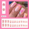 Summer Press on Nails Medium Fake Nails with Colorful Flower and Swirl Designs Artificial Nails Simple Nature Pink French Tip Acrylic Nails for Women Girls Nail Supplies 24pcs